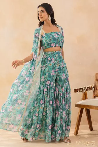 Floral aqua green embellished cape sharara set