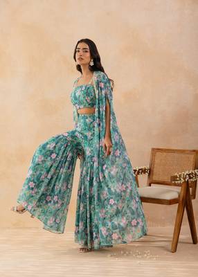 Floral aqua green embellished cape sharara set 4
