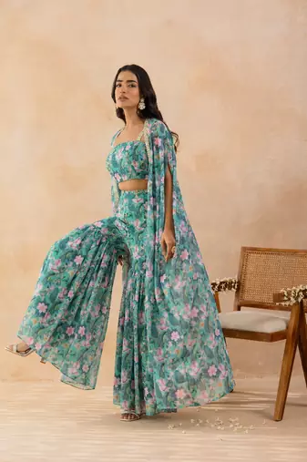 Floral aqua green embellished cape sharara set