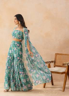 Floral aqua green embellished cape sharara set 5