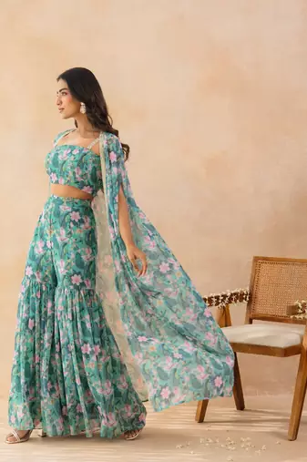 Floral aqua green embellished cape sharara set