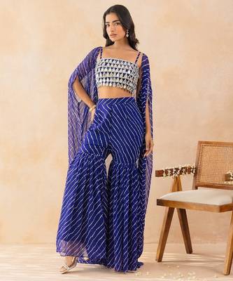 Blue bandhej printed mirror embellished cape sharara set 1