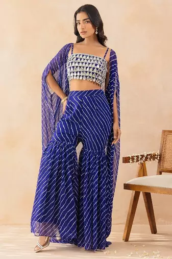 Blue bandhej printed mirror embellished cape sharara set