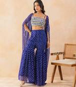 Blue bandhej printed mirror embellished cape sharara set
