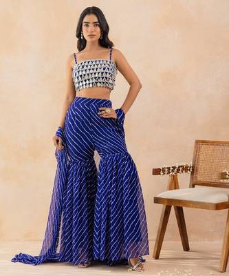 Blue bandhej printed mirror embellished cape sharara set 2