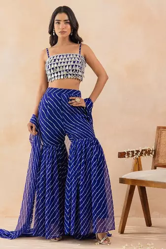 Blue bandhej printed mirror embellished cape sharara set