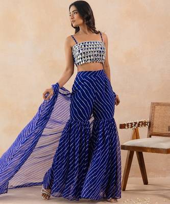 Blue bandhej printed mirror embellished cape sharara set 3