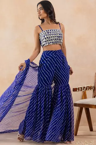Blue bandhej printed mirror embellished cape sharara set