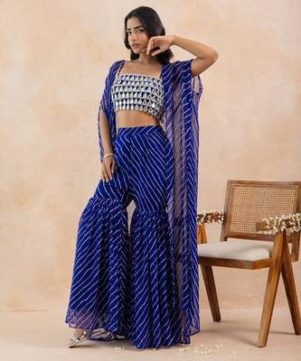 Blue bandhej printed mirror embellished cape sharara set 4