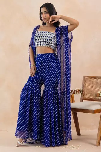 Blue bandhej printed mirror embellished cape sharara set