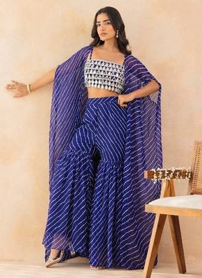 Blue bandhej printed mirror embellished cape sharara set 5
