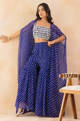 Blue bandhej printed mirror embellished cape sharara set