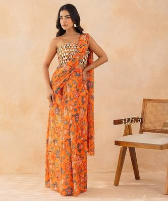 Marigold floral printed pre draped saree with mirror embellished blouse 1