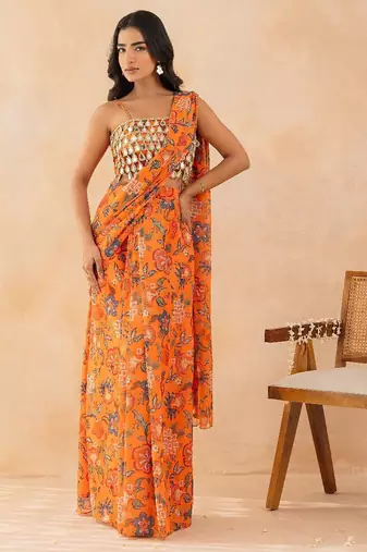 Marigold floral printed pre draped saree with mirror embellished blouse