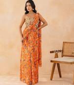 Marigold floral printed pre draped saree with mirror embellished blouse