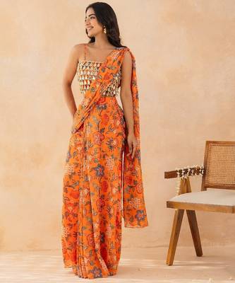 Marigold floral printed pre draped saree with mirror embellished blouse 2