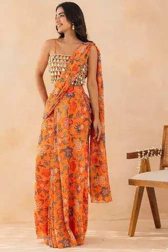 Marigold floral printed pre draped saree with mirror embellished blouse