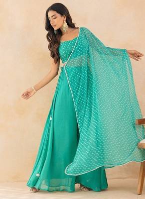 Aqua bandhej drape cape set with palazzo & choli 1