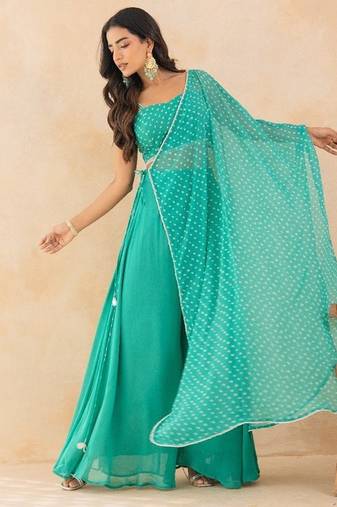 Aqua bandhej drape cape set with palazzo & choli