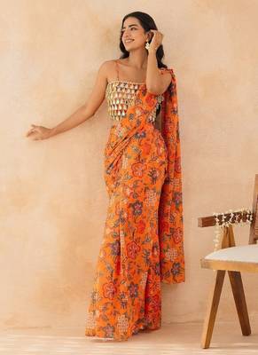 Marigold floral printed pre draped saree with mirror embellished blouse 3
