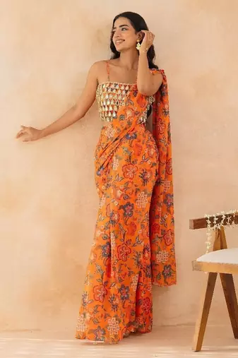 Marigold floral printed pre draped saree with mirror embellished blouse