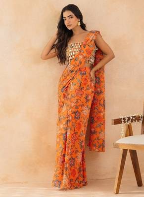Marigold floral printed pre draped saree with mirror embellished blouse 4
