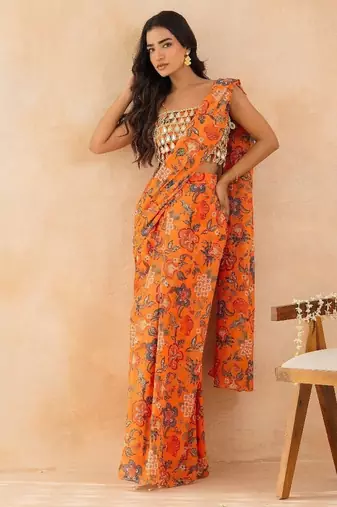 Marigold floral printed pre draped saree with mirror embellished blouse
