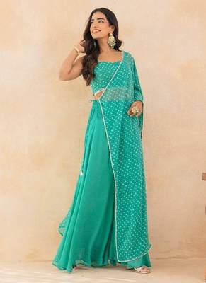 Aqua bandhej drape cape set with palazzo & choli 2
