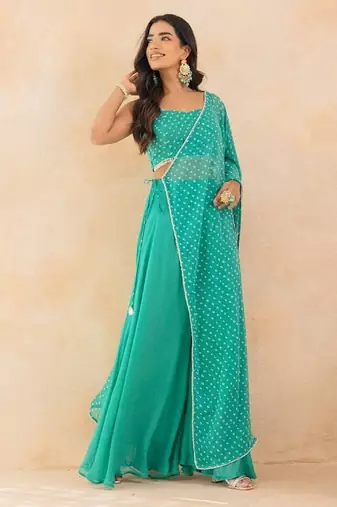 Aqua bandhej drape cape set with palazzo & choli
