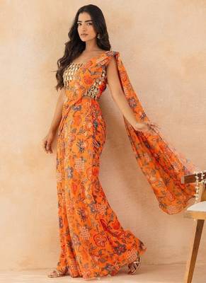 Marigold floral printed pre draped saree with mirror embellished blouse 5