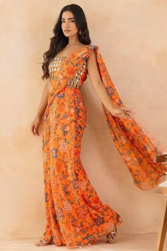 Marigold floral printed pre draped saree with mirror embellished blouse