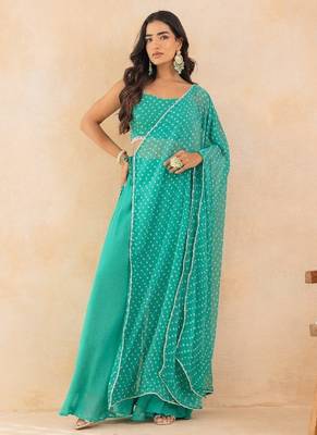Aqua bandhej drape cape set with palazzo & choli 3