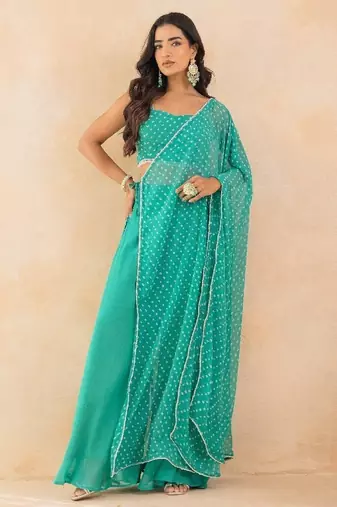 Aqua bandhej drape cape set with palazzo & choli