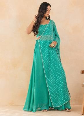 Aqua bandhej drape cape set with palazzo & choli 4