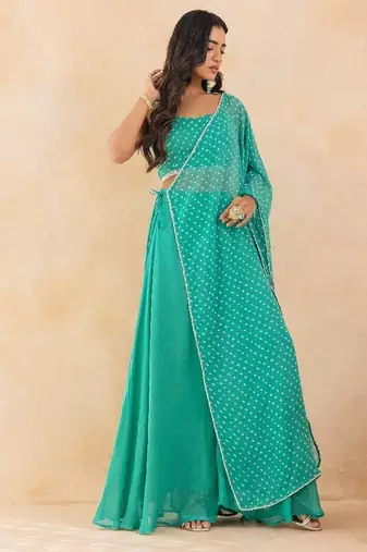 Aqua bandhej drape cape set with palazzo & choli