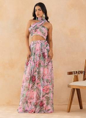 Baby pink floral skirt set with crystal embellished tube blouse & attached dupatta 1