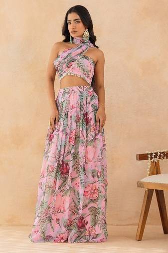 Baby pink floral skirt set with crystal embellished tube blouse & attached dupatta