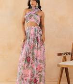 Baby pink floral skirt set with crystal embellished tube blouse & attached dupatta