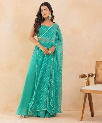 Aqua bandhej drape cape set with palazzo & choli 5