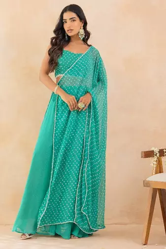 Aqua bandhej drape cape set with palazzo & choli