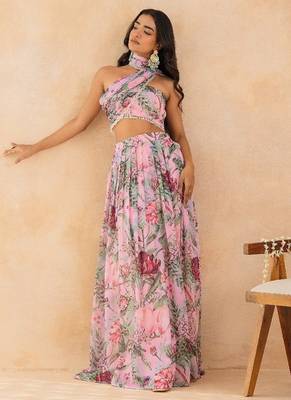 Baby pink floral skirt set with crystal embellished tube blouse & attached dupatta 2