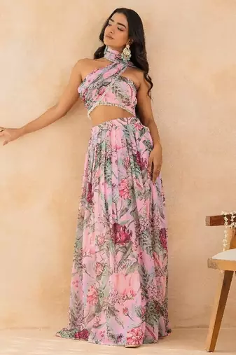 Baby pink floral skirt set with crystal embellished tube blouse & attached dupatta
