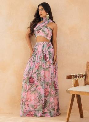 Baby pink floral skirt set with crystal embellished tube blouse & attached dupatta 3