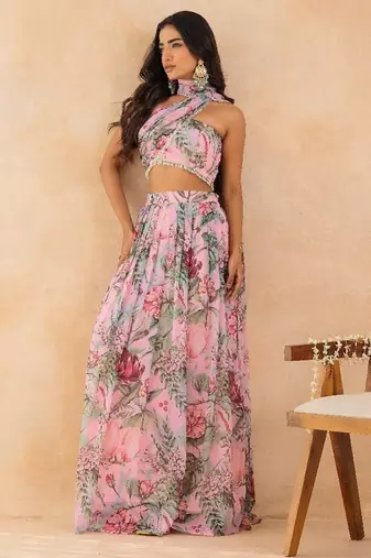 Baby pink floral skirt set with crystal embellished tube blouse & attached dupatta