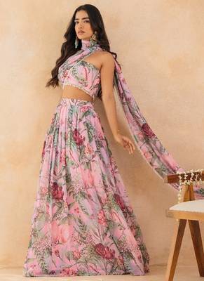 Baby pink floral skirt set with crystal embellished tube blouse & attached dupatta 4