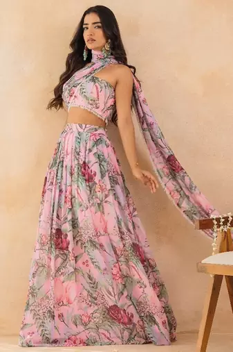 Baby pink floral skirt set with crystal embellished tube blouse & attached dupatta