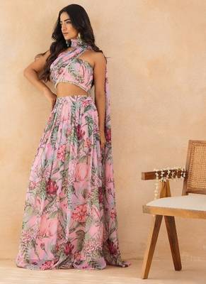 Baby pink floral skirt set with crystal embellished tube blouse & attached dupatta 5