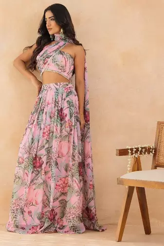 Baby pink floral skirt set with crystal embellished tube blouse & attached dupatta