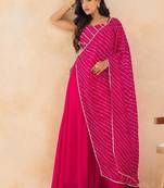 Fuchsia pink leheriya drape cape set with palazzo & choli