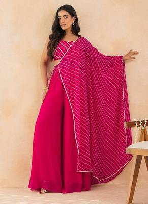 Fuchsia pink leheriya drape cape set with palazzo & choli 2